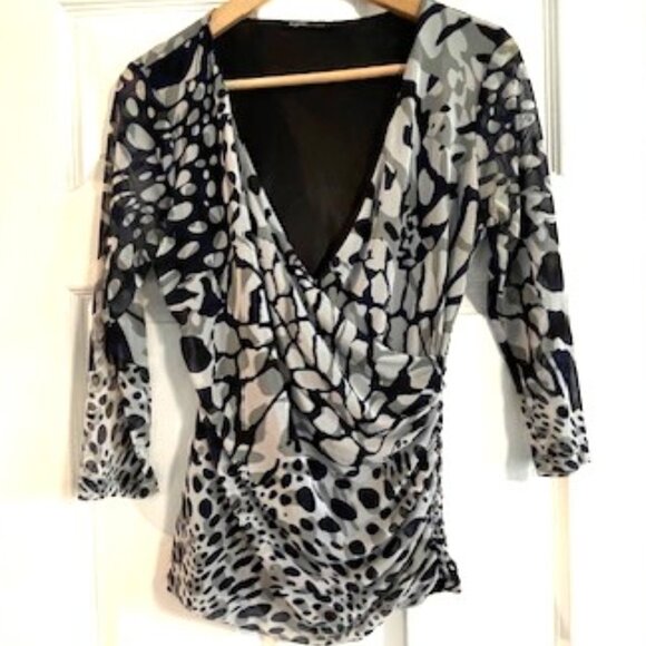 Blue, Gray and White Print Surplice Top - Picture 4 of 5